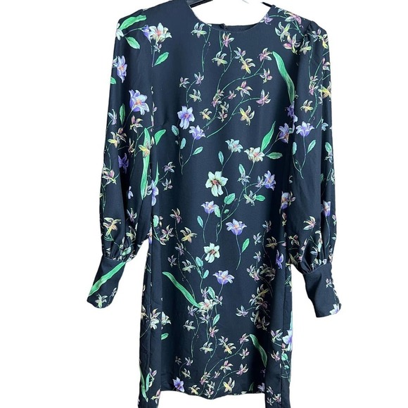 NWOT H&M Black Floral Print Long Ballon Sleeve Button Cuff Dress Whimsical 4 - Picture 1 of 6